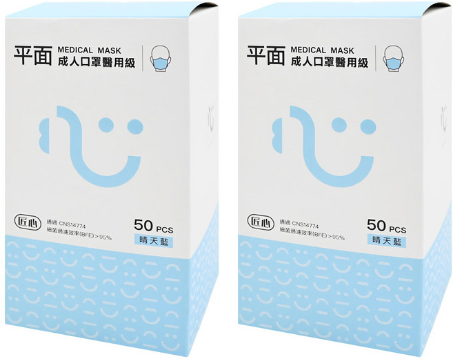 匠心 成人平面醫用口罩, 晴天藍, 50片, 2盒