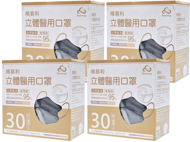 順易利 成人立體醫用口罩 美顏款 M, 太空灰, 30片, 4盒