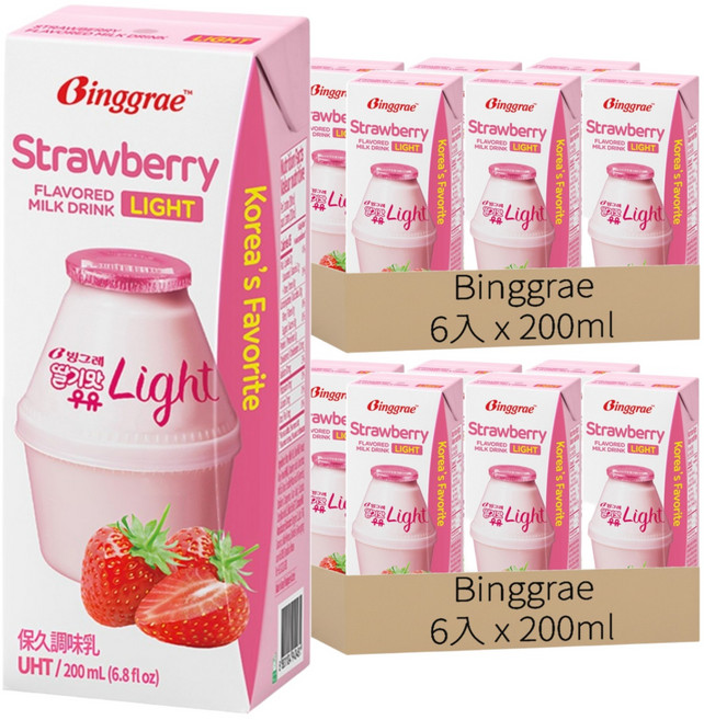 Binggrae light 草莓風味保久調味乳, 200ml, 12入