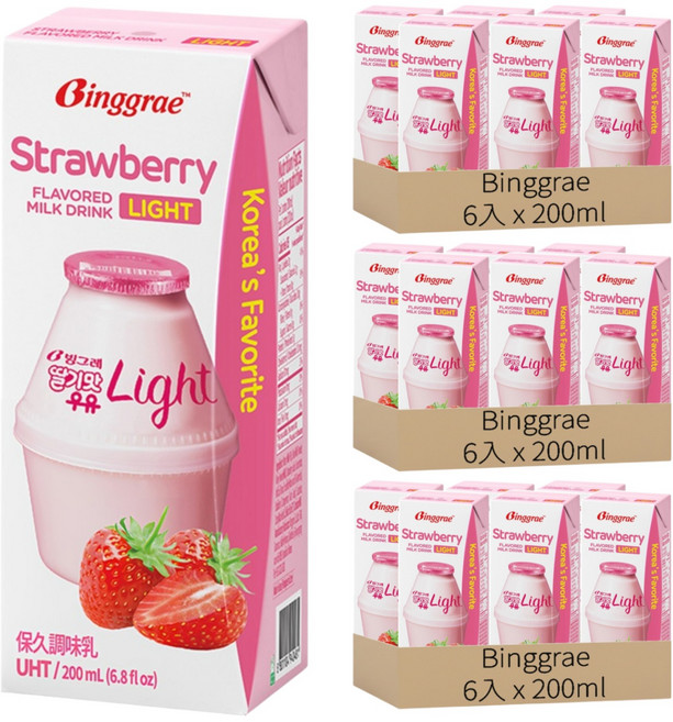 Binggrae light 草莓風味保久調味乳, 200ml, 18入