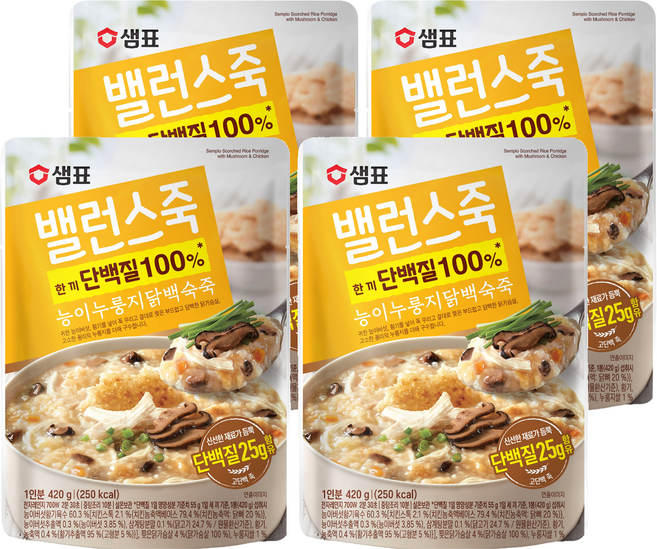 샘표 밸런스죽 능이누룽지닭백숙죽, 420g, 4개