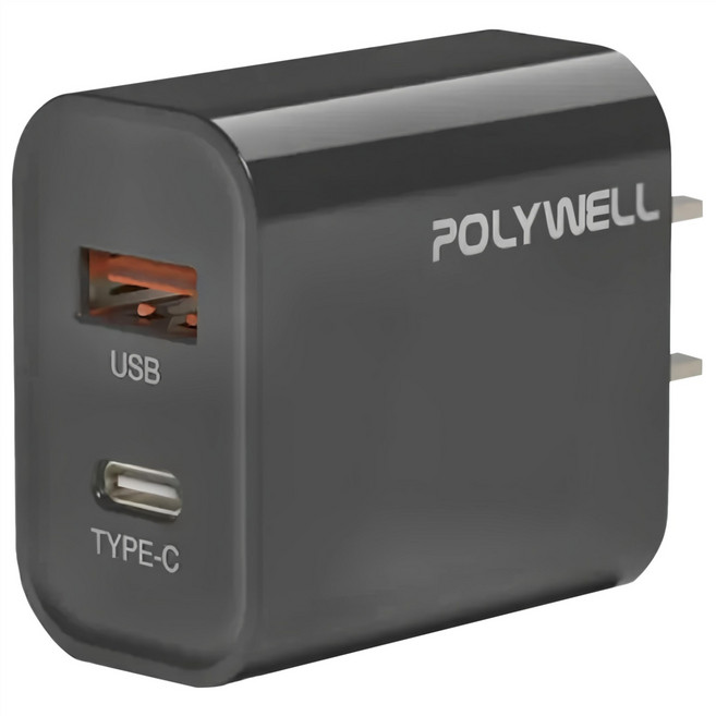 POLYWELL 寶利威爾 雙孔PD充電頭 20W Type-A + Type-C, 黑色, 1個