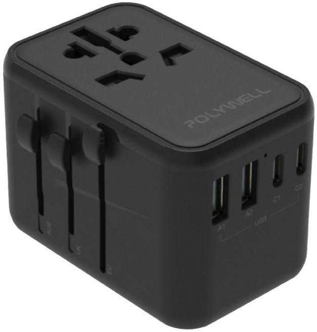 POLYWELL 寶利威爾 多國旅行充電轉接器 70W Type-C 3個 + USB-A 2個 無台灣/北美插頭 PW15-T05-A138, 黑色, 1個