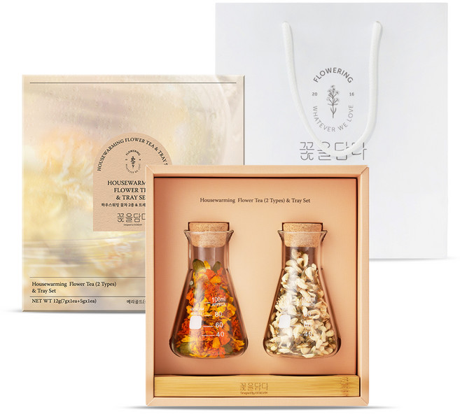 꽃을담다 하우스워밍 꽃차 2종 + 쇼핑백 선물세트, 메리골드 꽃차 + 아카시아 꽃차 + 우드트레이, 1세트