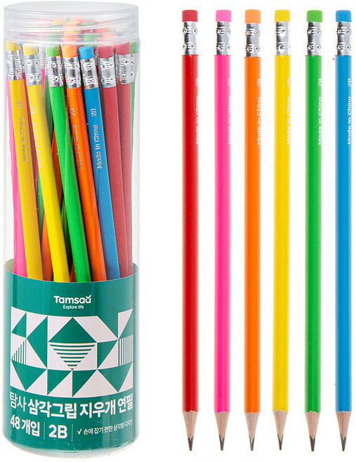 탐사 삼각그립 지우개 연필 2B, 혼합색상, 48개