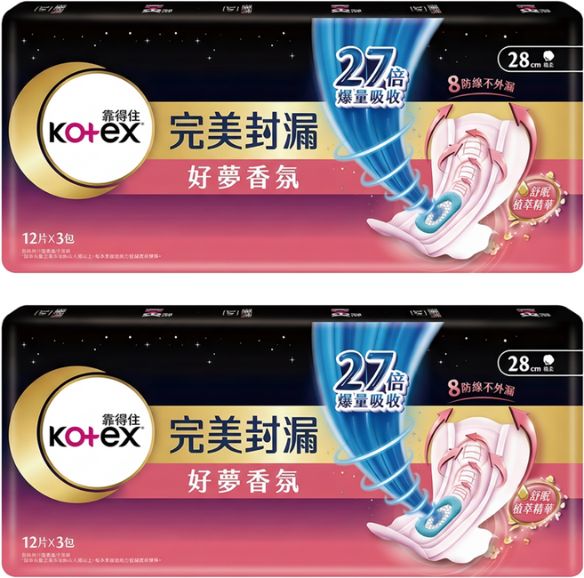 Kotex 靠得住 完美封漏 好夢香氛衛生棉 護翼型, 夜用型(28cm), 36片, 2組