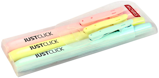 MORRIS Just Click 柔和色彩按壓式螢光筆組 3色, 黃色 + 薄荷綠色 + 粉紅色, 3支
