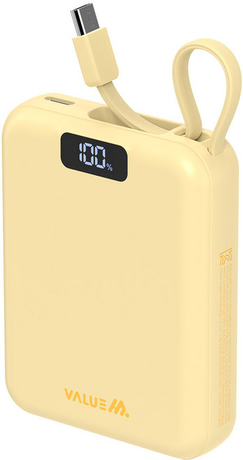 밸류엠 PD 고속충전 케이블 일체형 미니 보조배터리 10000mAh 22.5W C타입, VM-B2PA10MNCP, 옐로우