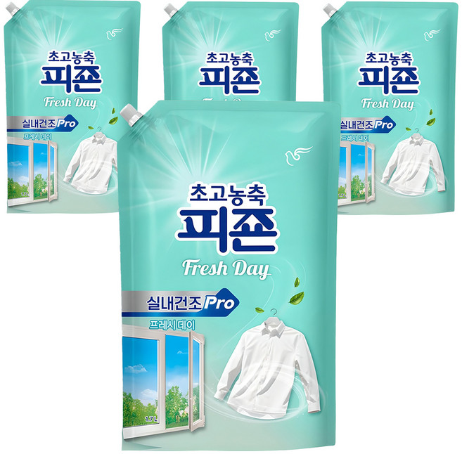 피죤 실내건조 프로 초고농축 섬유유연제 프레시데이향 리필, 1.7L, 4개