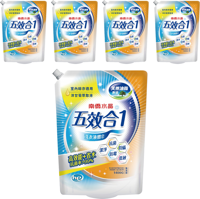 南僑水晶 5效合1洗衣液體皂, 1.4kg, 5包
