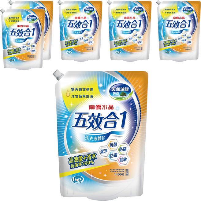 南僑水晶 5效合1洗衣液體皂, 1.4kg, 6包
