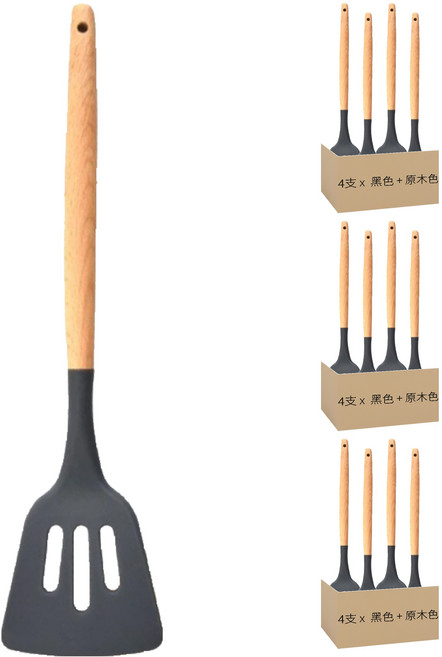 矽膠廚具 漏鏟, 黑色 + 原木色, 12支