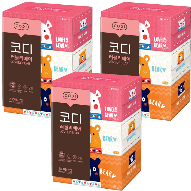 코디 러블리베어 천연펄프 미용티슈 2겹, 230매, 9개