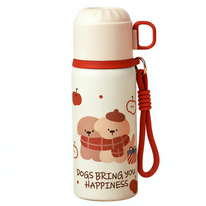 Couselect 316不鏽鋼雙飲蓋便攜吸管水壺/保溫杯 可愛卡通款, 蘋果紅, 1個, 450ml