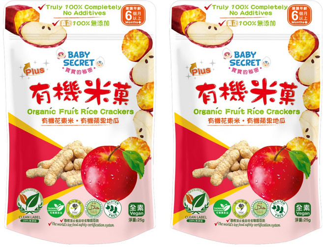 BABY SECRET 寶寶的秘密 有機米菓, 花東米 + 蘋果 + 地瓜, 25g, 2包
