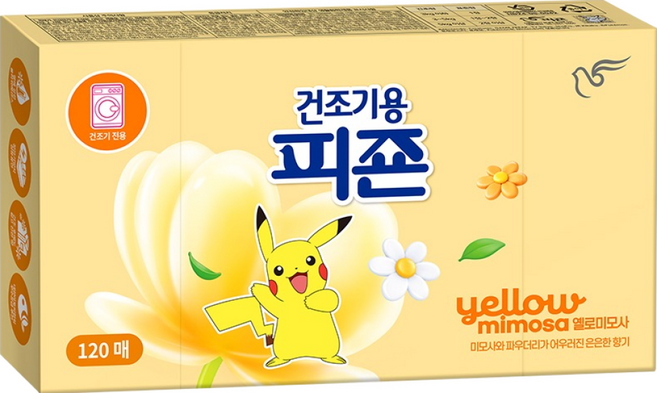 피죤 건조기용 오리지널 드라이시트 섬유유연제 옐로미모사 본품, 120개입, 1개