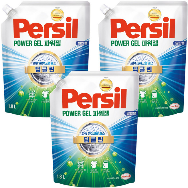 퍼실 딥클린 초미세세탁 파워젤 맥스 일반용 액체세제 리필, 3개, 1.8L