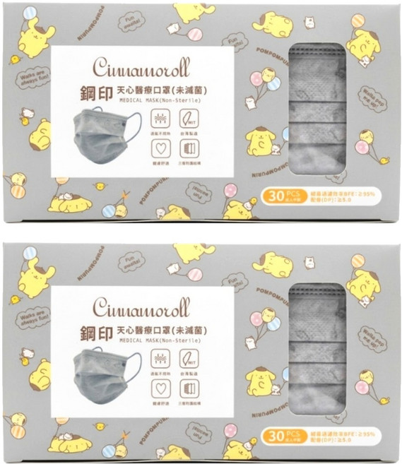 MITENXIN 天心生醫 醫療口罩 三麗鷗情境鋼印口罩 175 x 95mm, 卡其灰, 30片, 2盒