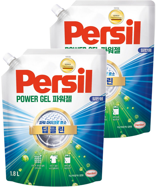 퍼실 딥클린 초미세세탁 파워젤 맥스 일반용 액체세제 리필, 2개, 1.8L