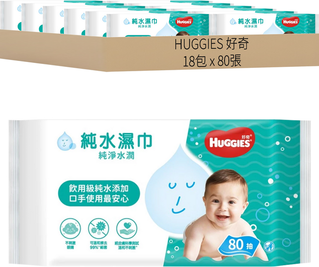HUGGIES 好奇 純水嬰兒濕巾 純淨水潤型, 80張, 18包
