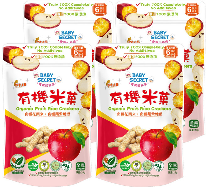 BABY SECRET 寶寶的秘密 有機米菓, 4個, 25g, 花東米 + 蘋果 + 地瓜