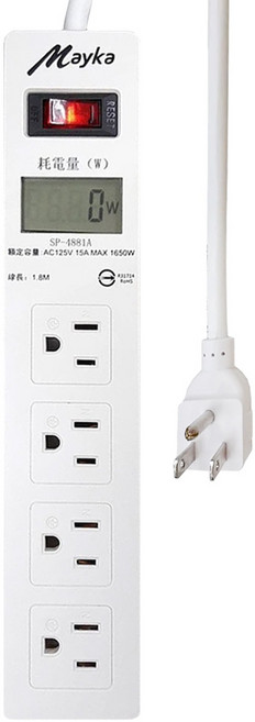 Mayka 明家 電腦用4插1開關 15A LCD耗電量顯示, 1.8m, 白色, 1條