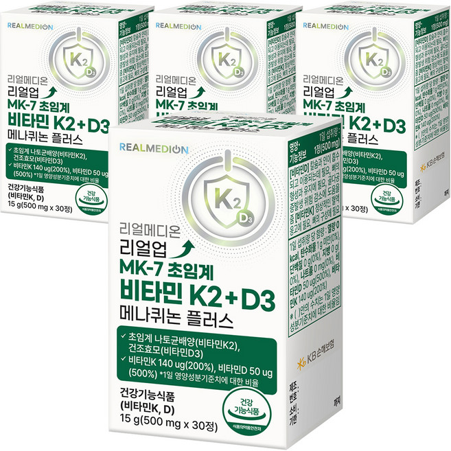 리얼메디온 리얼업 MK-7 초임계 비타민 K2 + D3 메나퀴논 플러스 비타민D 비타민K 영양제, 4개, 30정