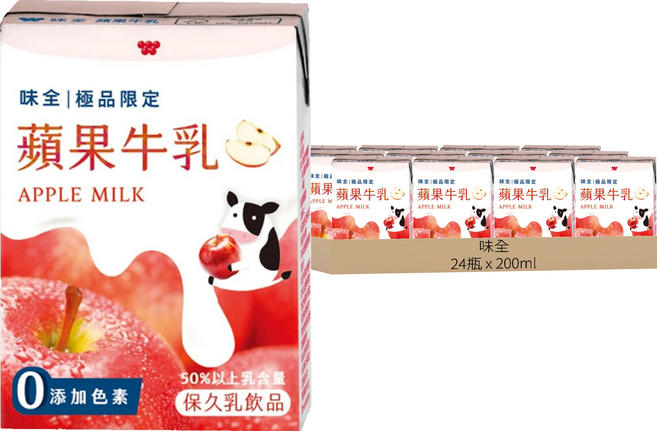 味全 蘋果牛乳, 200ml, 24瓶