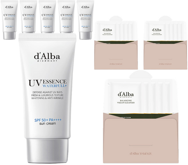 [비건뷰티] 달바 워터풀 에센스 선크림 SPF50+ PA++++ 50ml x 2p + 밸런싱 비건 젤 클렌저 3ml x 5p 세트, 3개