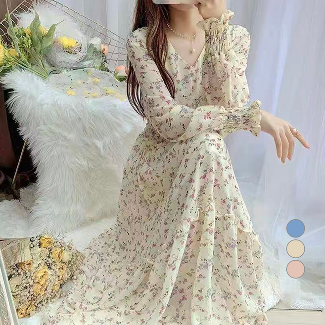 엘쏘 V넥 허리라인 쉬폰 원피스 빅사이즈 포함