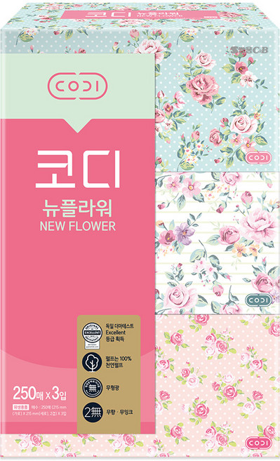 코디 뉴플라워 천연펄프 미용티슈 2겹, 250매, 3개