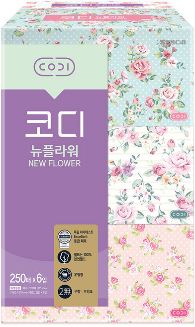 코디 뉴플라워 천연펄프 미용티슈 2겹, 250매, 6개