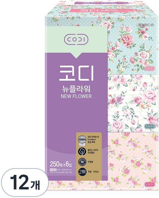 코디 뉴플라워 천연펄프 미용티슈 2겹, 250매, 12개