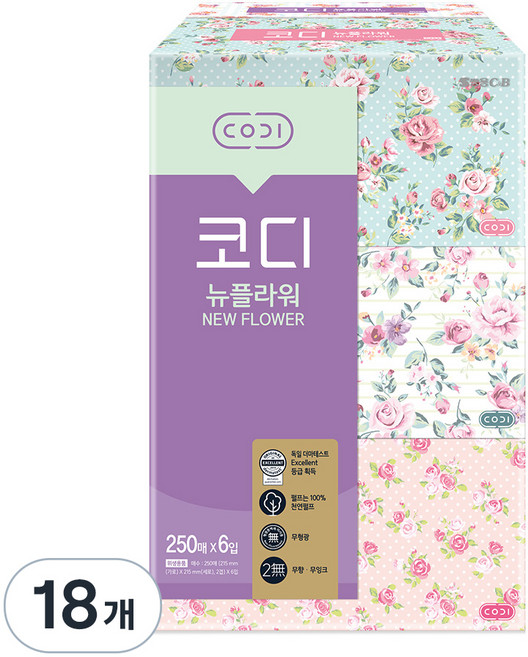 코디 뉴플라워 천연펄프 미용티슈 2겹, 6개입, 18개