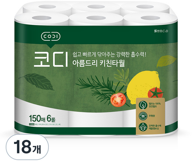 코디 아름드리 천연펄프 키친타올, 150매, 18개
