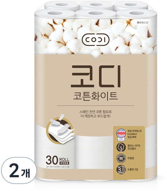 코디 코튼화이트 3겹 롤화장지, 30m, 30개입, 2개