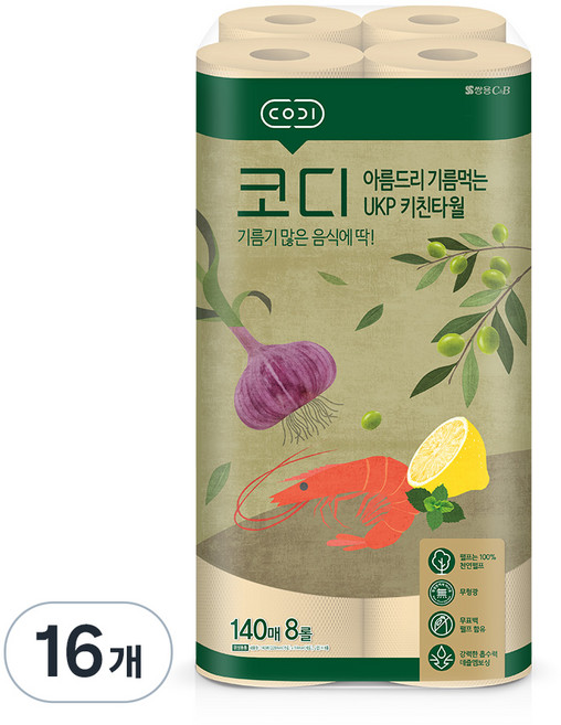 코디 아름드리 기름먹는 천연펄프 키친타올, 140매, 16개