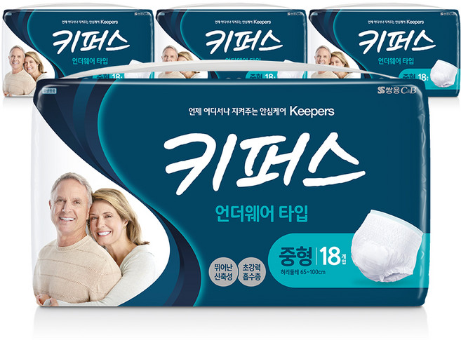 키퍼스 남녀공용 팬티 성인기저귀, 중형, 18매입, 4개