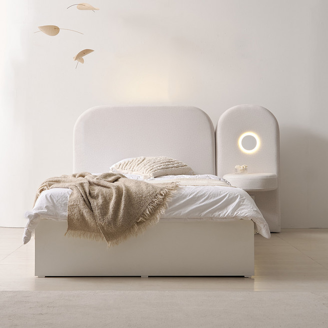 웰퍼니쳐 벨누아 LED 패브릭 수납 침대 프레임 + 사이드 패널 세트 방문설치, 화이트