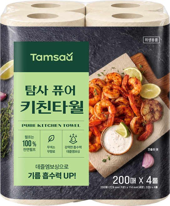 탐사 퓨어 무표백 키친타올 2겹 200매, 4롤, 1개