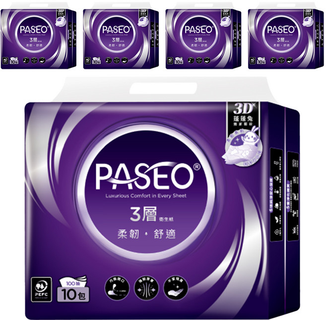 PASEO 抽取式衛生紙 3層 100張, 5袋, 10包