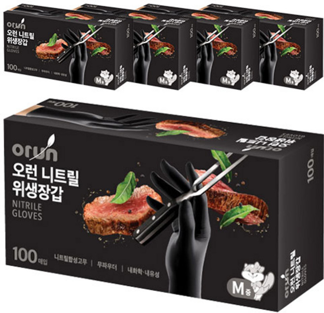 오런 니트릴 위생장갑 100P, 블랙, 중(M), 5개
