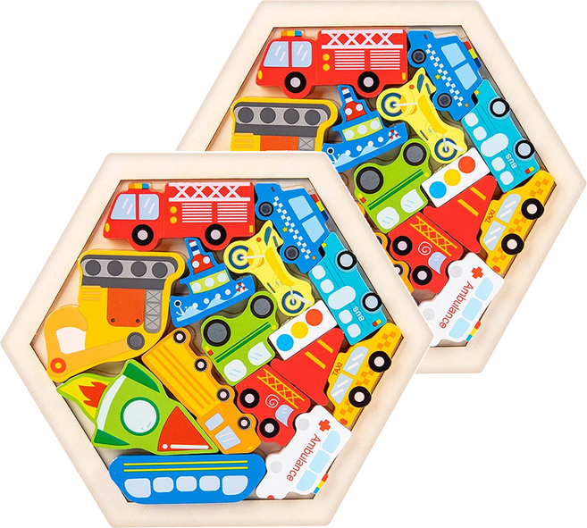 木製六角拼圖 造型拼圖 交通工具 12入, 1組, 15片