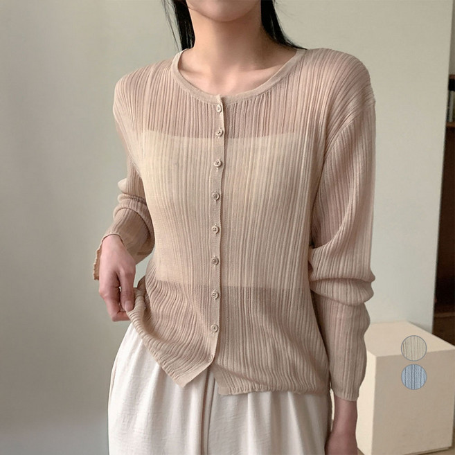 아피나르 여성용 크링클 시어 여름용 긴소매 니트 가디건