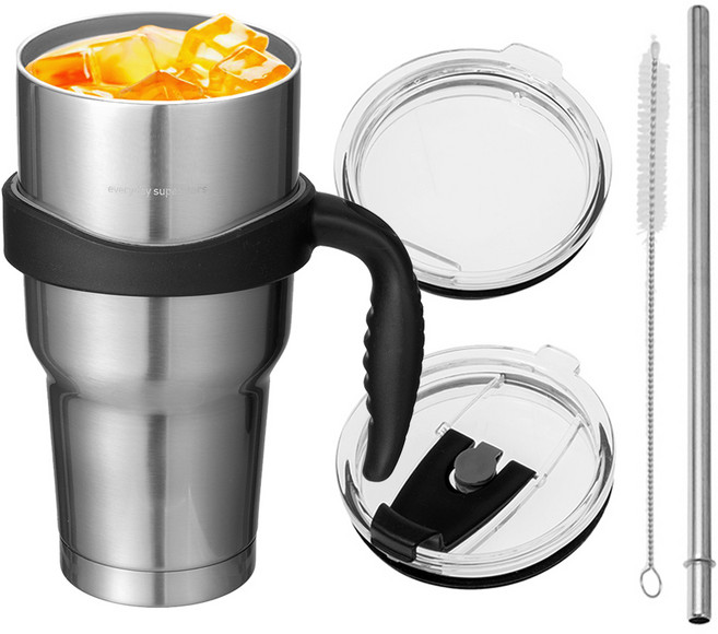 코멧 진공 스테인리스 텀블러 + 손잡이 + 빨대뚜껑 + 빨대 + 빨대솔, 실버, 900ml, 1세트