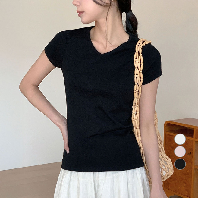 아피나르 여성용 통기성 슬림핏 브이넥 반팔 쫀쫀 립 티셔츠