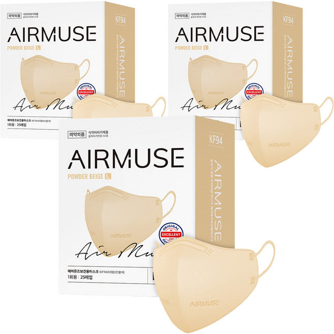 에어뮤즈 보건용 새부리형 마스크 대형 KF94, 25개입, 3개, 파우더 베이지