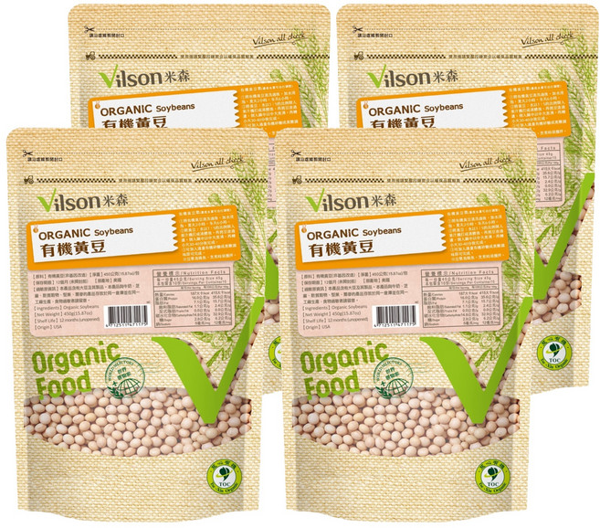Vilson 米森有機 100%有機黃豆, 450g, 4包