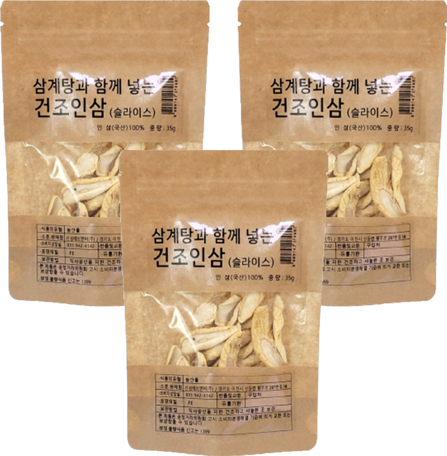 몸애조화 삼계탕과 함께 넣는 건조인삼 슬라이스, 35g, 3개