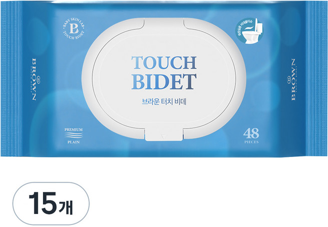 브라운 터치 비데 물티슈 물에 잘 녹는 화장실용 저자극 비데티슈 캡형, 55g, 48매, 15개